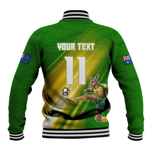 Personalized Australia Soccer Kangaroo Baseball Jacket Dynamic Kick with Australian Flag Green Gold Sports Graphic