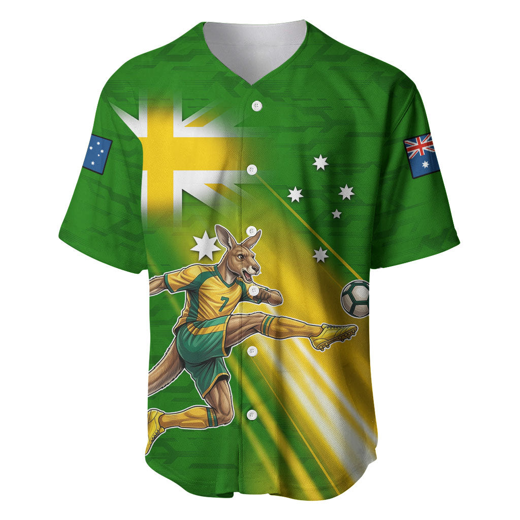 Personalized Australia Soccer Kangaroo Baseball Jersey Dynamic Kick with Australian Flag Green Gold Sports Graphic