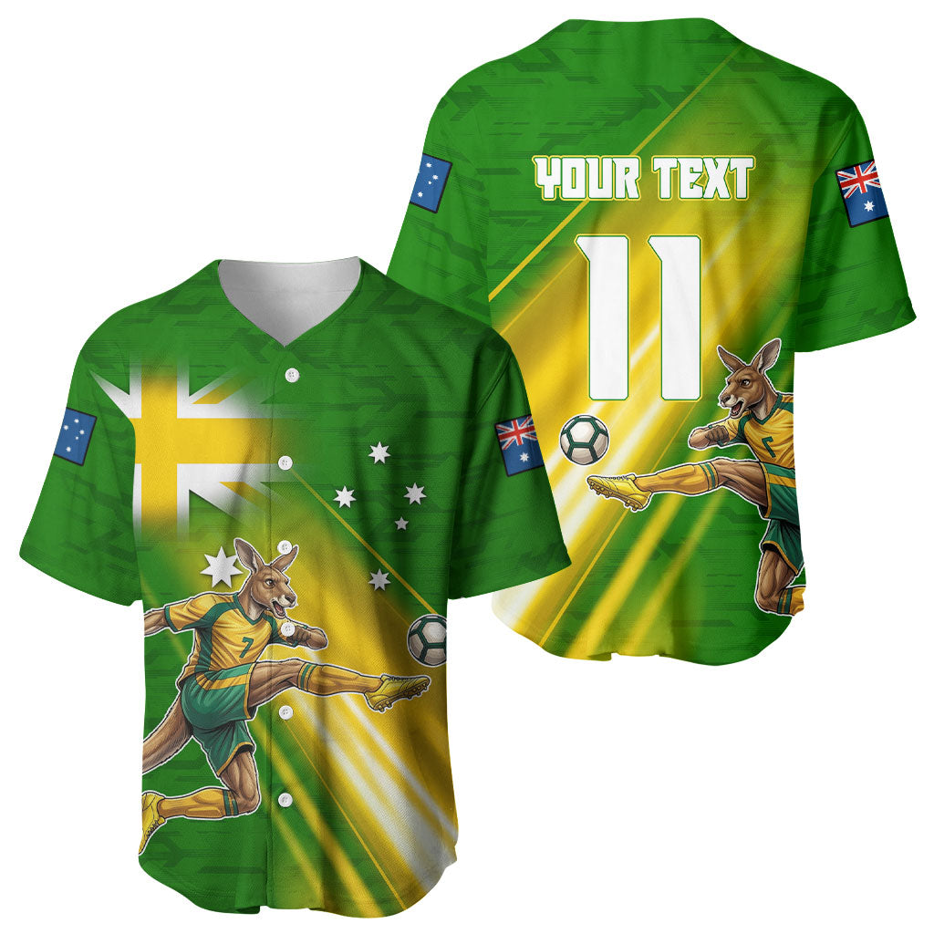 Personalized Australia Soccer Kangaroo Baseball Jersey Dynamic Kick with Australian Flag Green Gold Sports Graphic