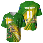 Personalized Australia Soccer Kangaroo Baseball Jersey Dynamic Kick with Australian Flag Green Gold Sports Graphic
