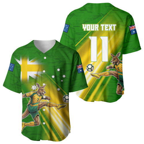 Personalized Australia Soccer Kangaroo Baseball Jersey Dynamic Kick with Australian Flag Green Gold Sports Graphic