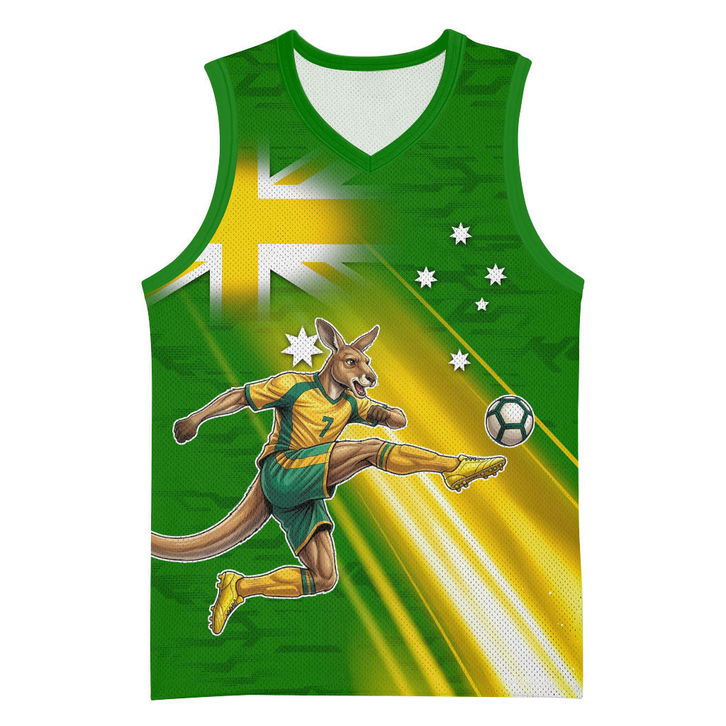 Personalized Australia Soccer Kangaroo Basketball Jersey Dynamic Kick with Australian Flag Green Gold Sports Graphic