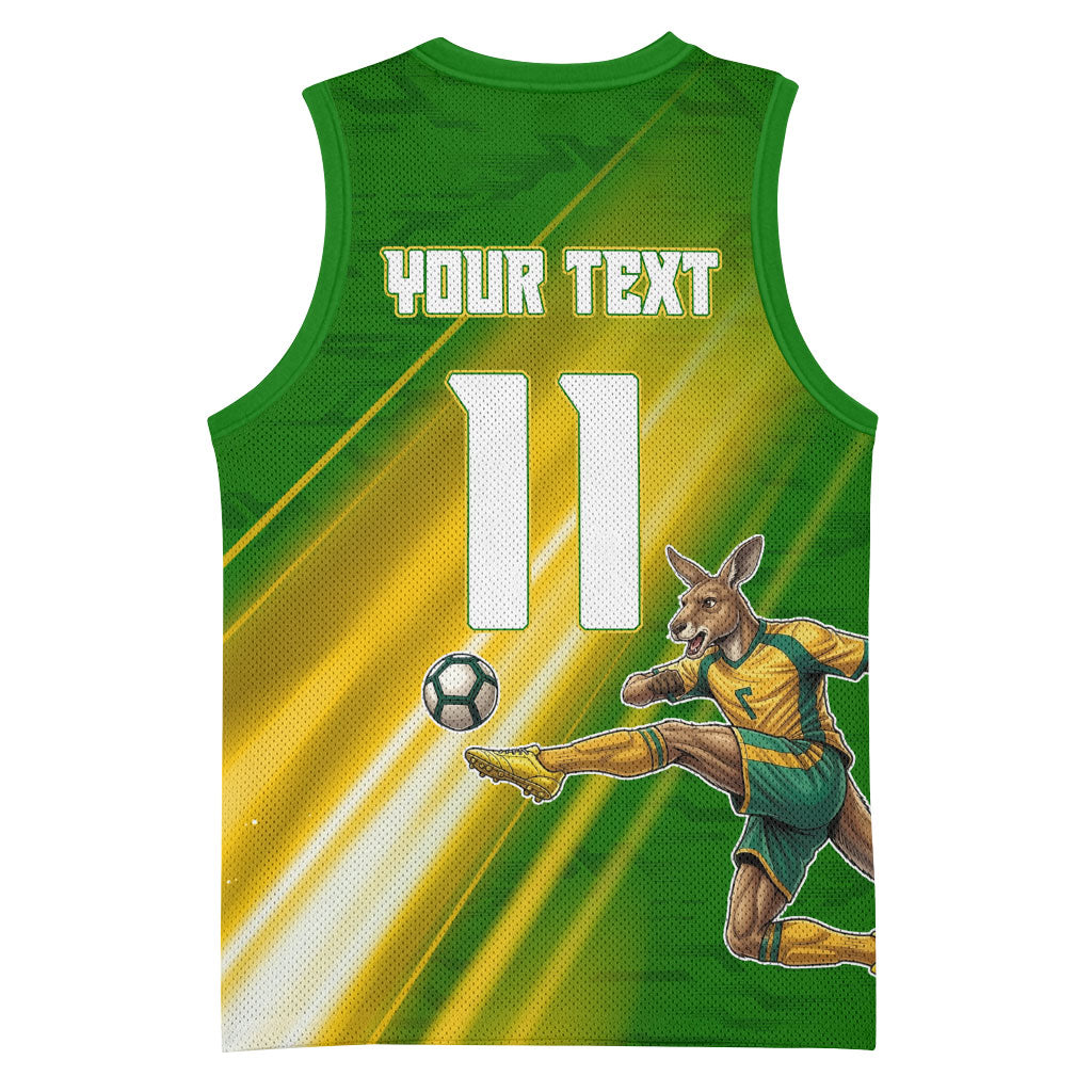 Personalized Australia Soccer Kangaroo Basketball Jersey Dynamic Kick with Australian Flag Green Gold Sports Graphic