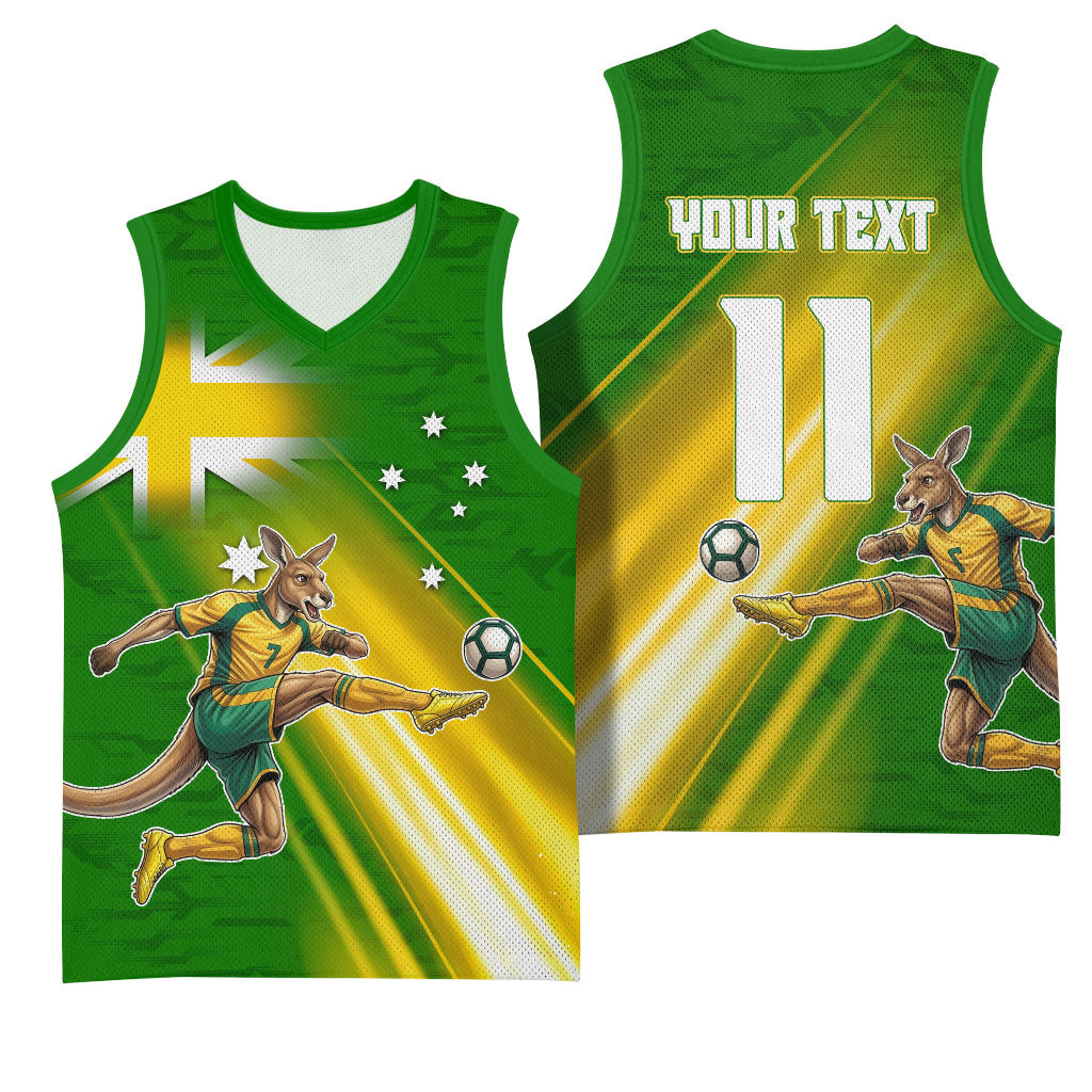Personalized Australia Soccer Kangaroo Basketball Jersey Dynamic Kick with Australian Flag Green Gold Sports Graphic