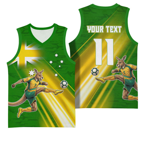 Personalized Australia Soccer Kangaroo Basketball Jersey Dynamic Kick with Australian Flag Green Gold Sports Graphic