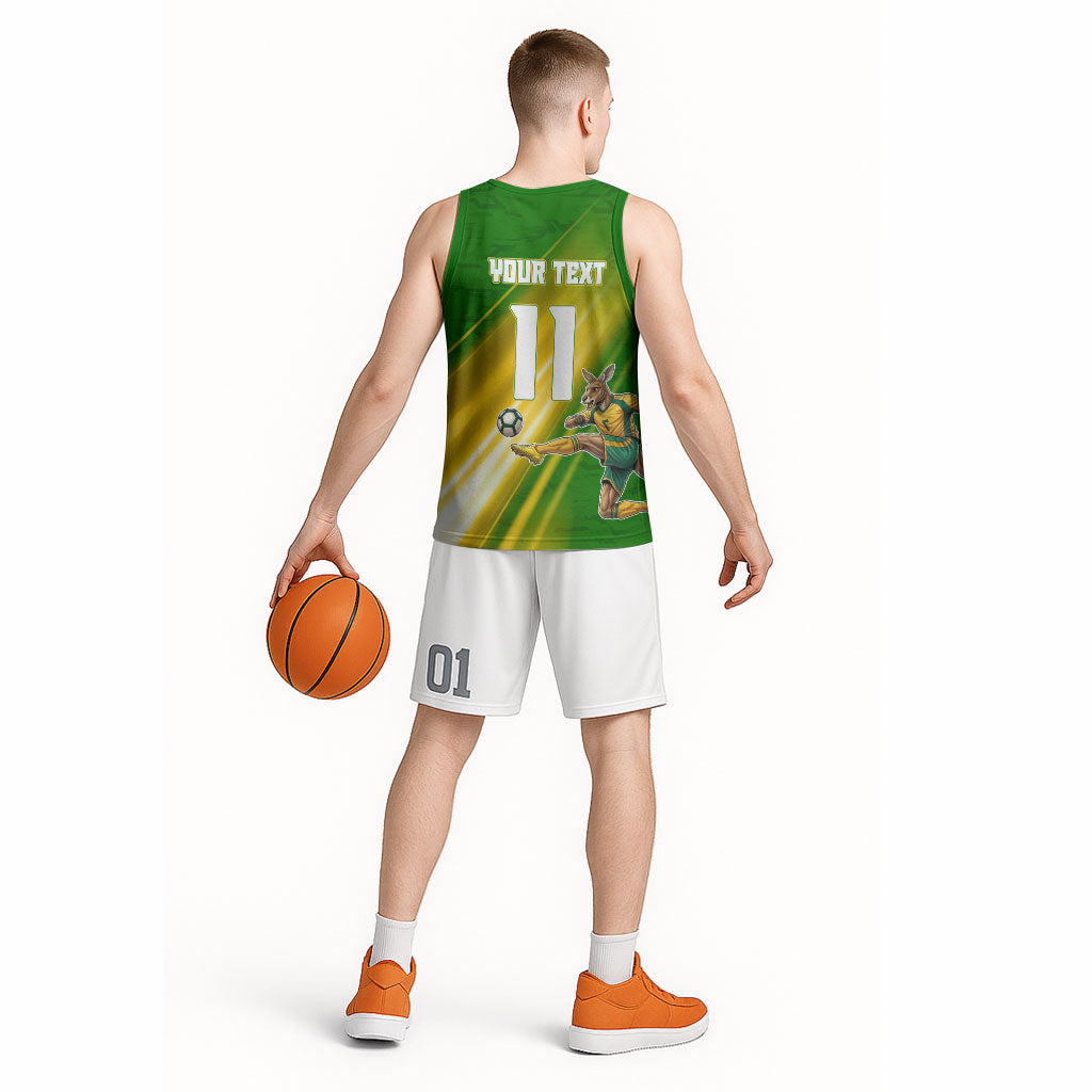 Personalized Australia Soccer Kangaroo Basketball Jersey Dynamic Kick with Australian Flag Green Gold Sports Graphic