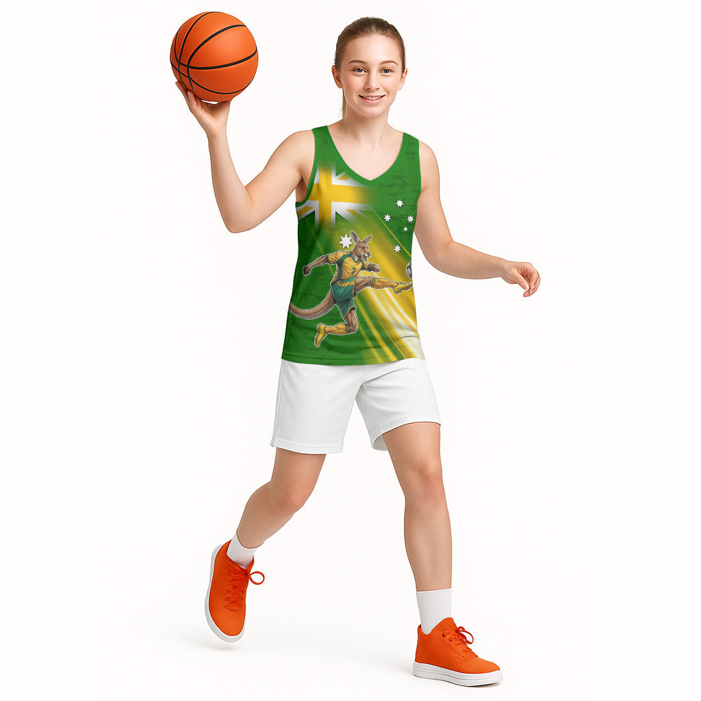 Personalized Australia Soccer Kangaroo Basketball Jersey Dynamic Kick with Australian Flag Green Gold Sports Graphic