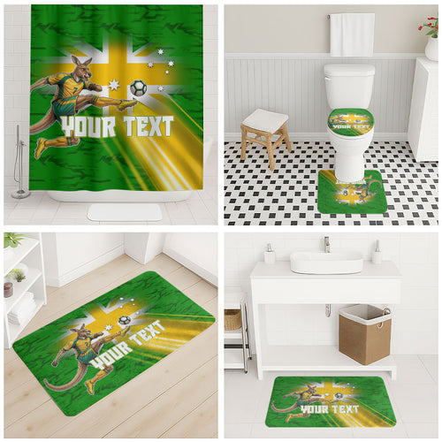 Personalized Australia Soccer Kangaroo Bathroom Set Dynamic Kick with Australian Flag Green Gold Sports Graphic