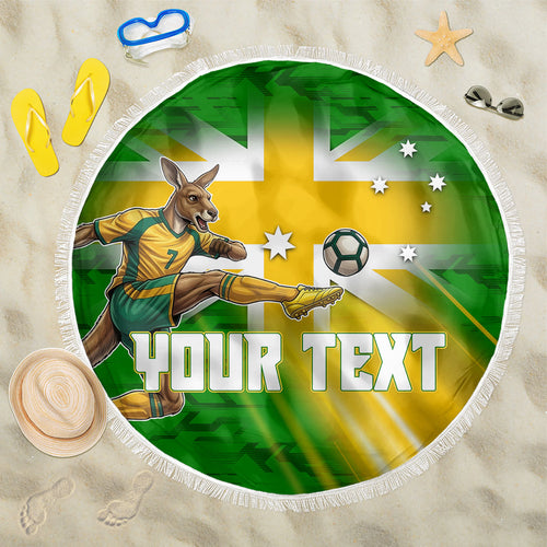 Personalized Australia Soccer Kangaroo Beach Blanket Dynamic Kick with Australian Flag Green Gold Sports Graphic