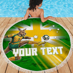 Personalized Australia Soccer Kangaroo Beach Blanket Dynamic Kick with Australian Flag Green Gold Sports Graphic