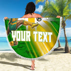 Personalized Australia Soccer Kangaroo Beach Blanket Dynamic Kick with Australian Flag Green Gold Sports Graphic