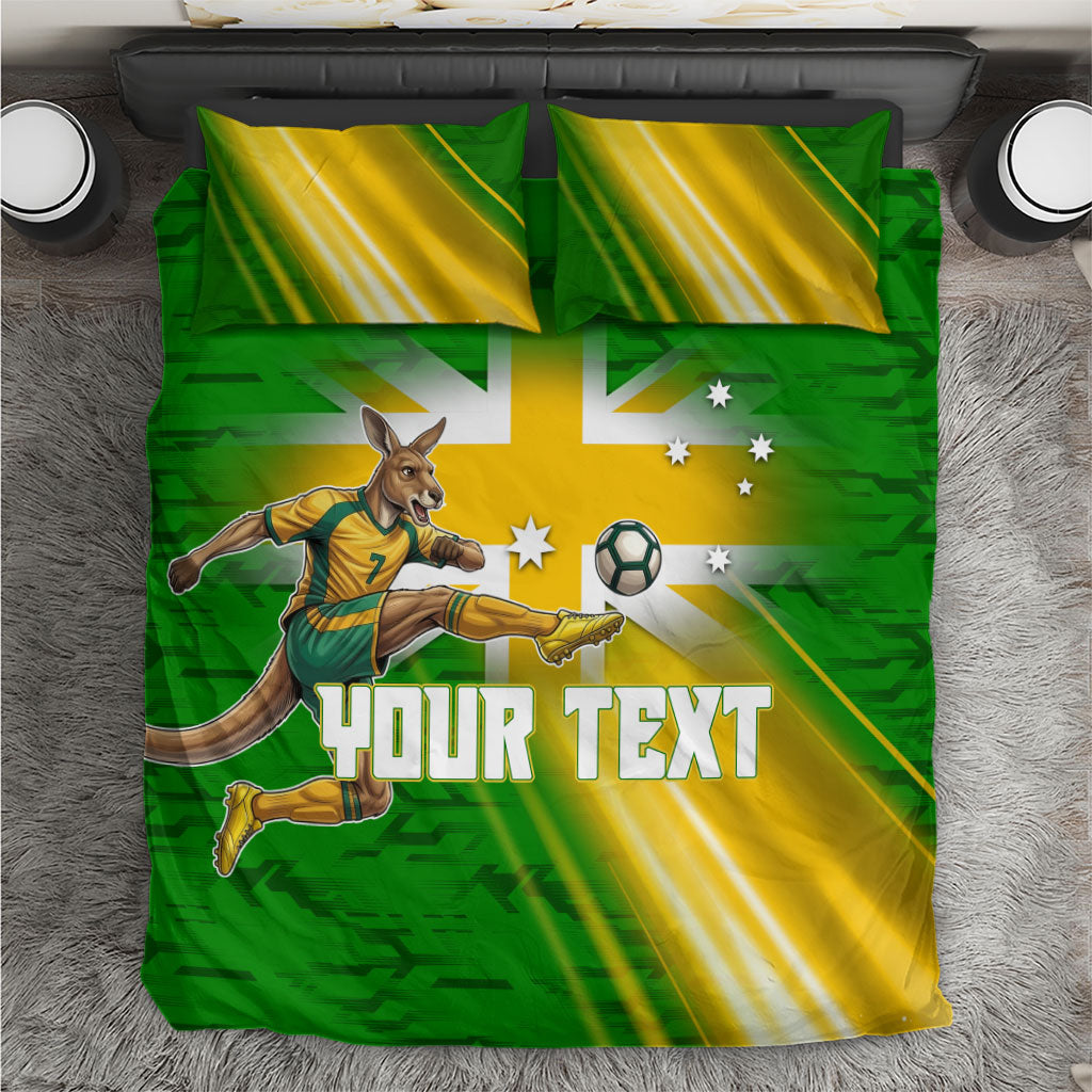 Personalized Australia Soccer Kangaroo Bedding Set Dynamic Kick with Australian Flag Green Gold Sports Graphic