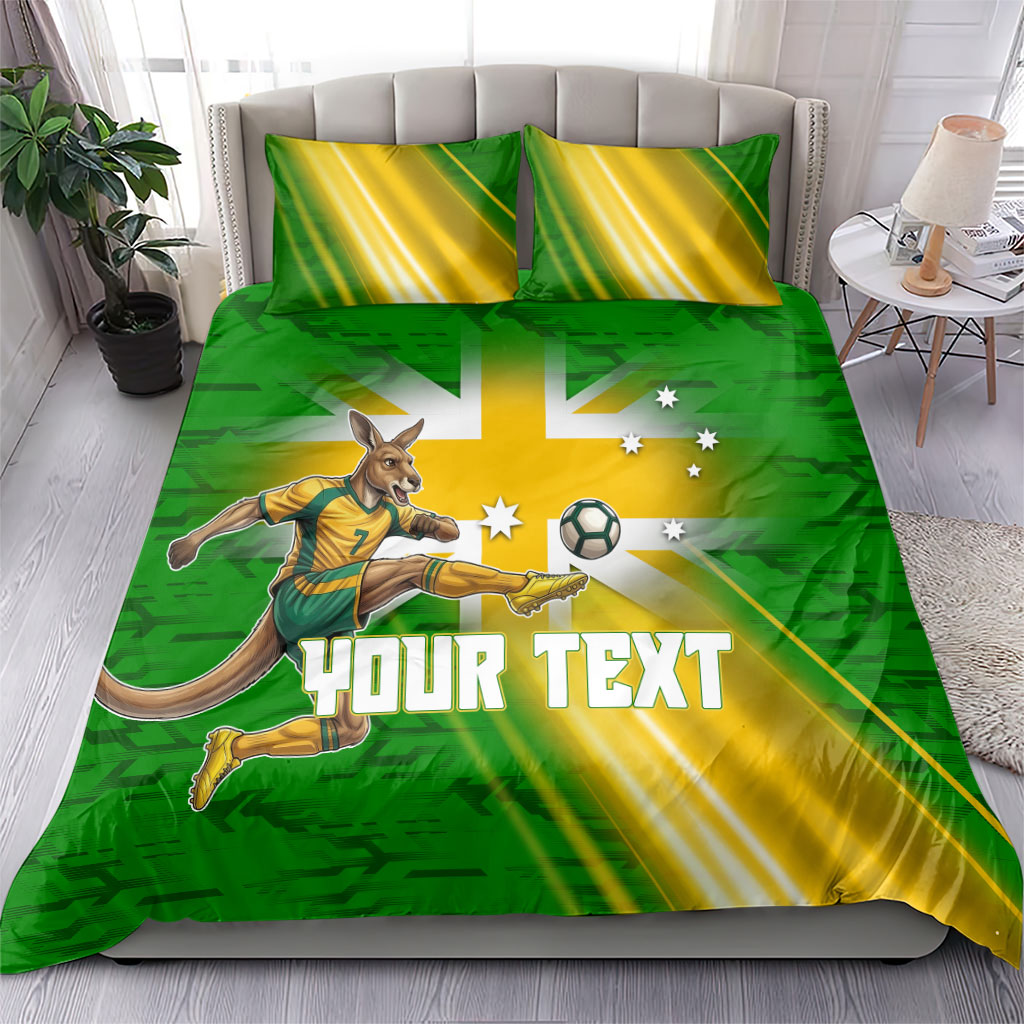 Personalized Australia Soccer Kangaroo Bedding Set Dynamic Kick with Australian Flag Green Gold Sports Graphic