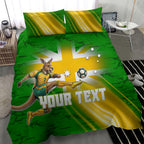 Personalized Australia Soccer Kangaroo Bedding Set Dynamic Kick with Australian Flag Green Gold Sports Graphic