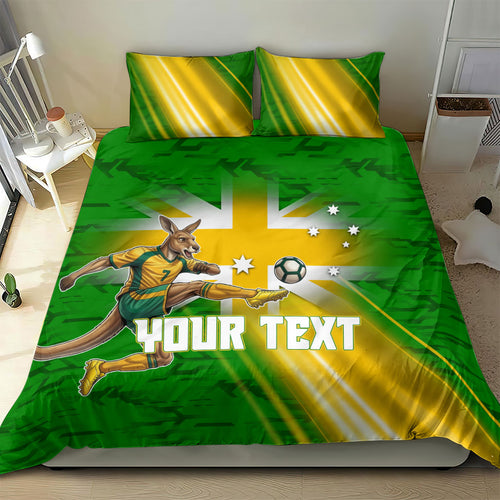 Personalized Australia Soccer Kangaroo Bedding Set Dynamic Kick with Australian Flag Green Gold Sports Graphic