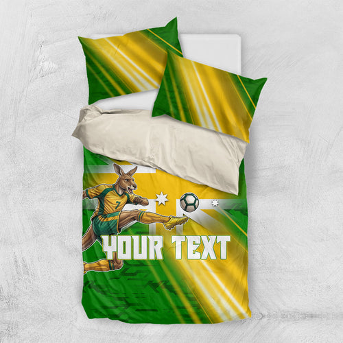 Personalized Australia Soccer Kangaroo Bedding Set Dynamic Kick with Australian Flag Green Gold Sports Graphic