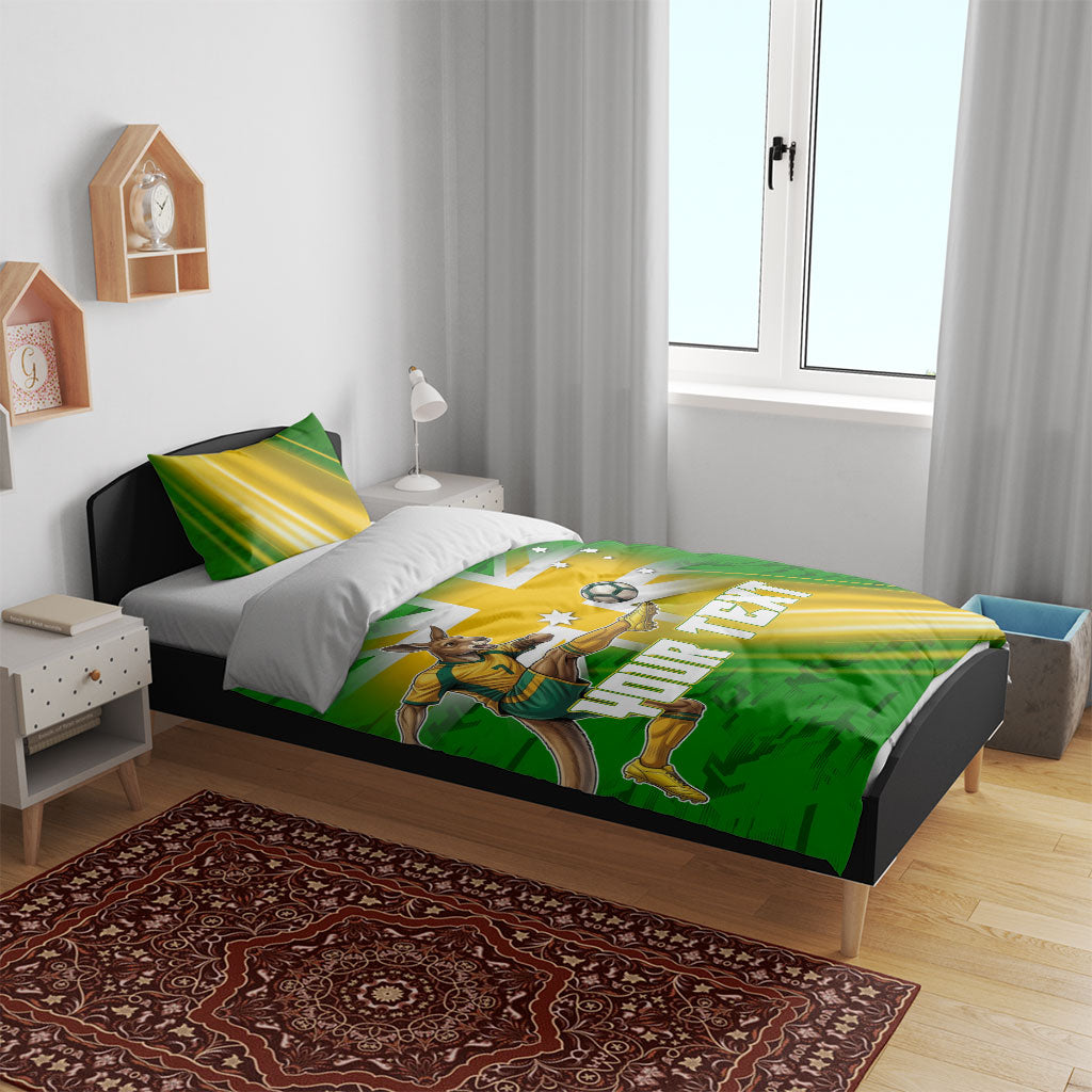 Personalized Australia Soccer Kangaroo Bedding Set Dynamic Kick with Australian Flag Green Gold Sports Graphic