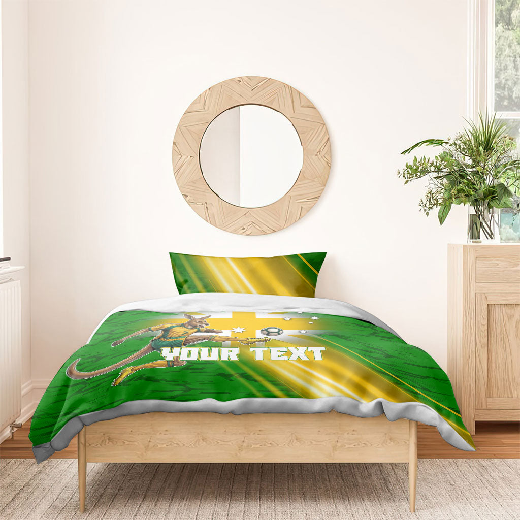 Personalized Australia Soccer Kangaroo Bedding Set Dynamic Kick with Australian Flag Green Gold Sports Graphic