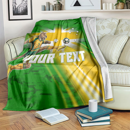 Personalized Australia Soccer Kangaroo Blanket Dynamic Kick with Australian Flag Green Gold Sports Graphic
