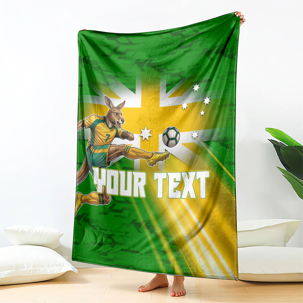 Personalized Australia Soccer Kangaroo Blanket Dynamic Kick with Australian Flag Green Gold Sports Graphic
