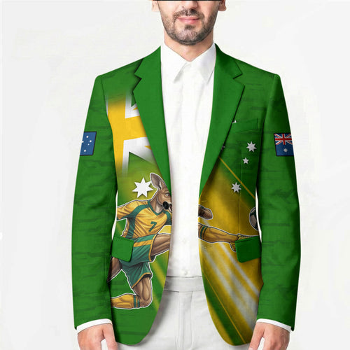 Personalized Australia Soccer Kangaroo Blazer Dynamic Kick with Australian Flag Green Gold Sports Graphic