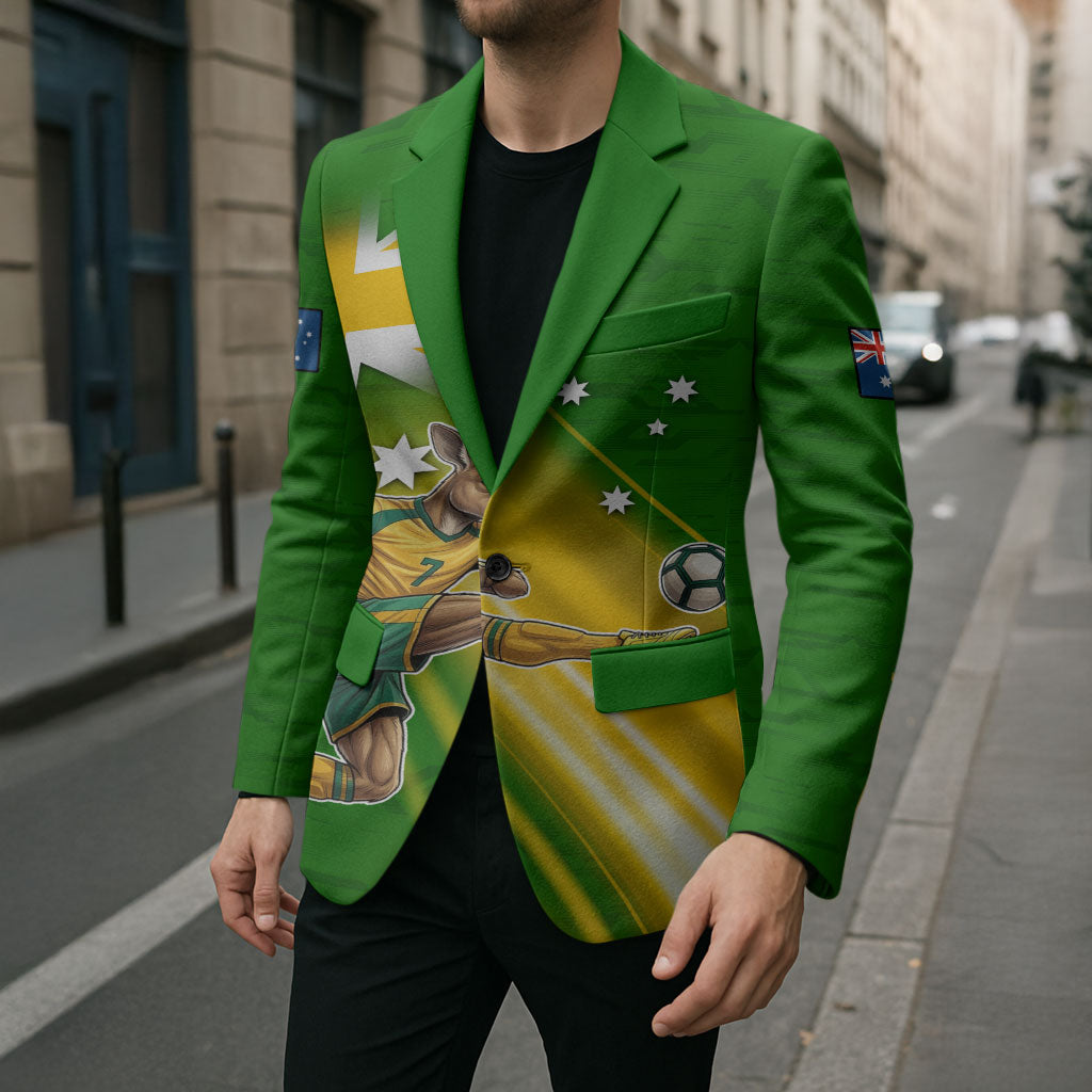 Personalized Australia Soccer Kangaroo Blazer Dynamic Kick with Australian Flag Green Gold Sports Graphic