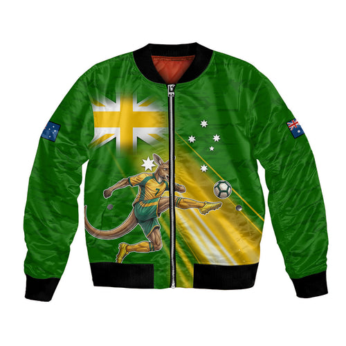 Personalized Australia Soccer Kangaroo Bomber Jacket Dynamic Kick with Australian Flag Green Gold Sports Graphic