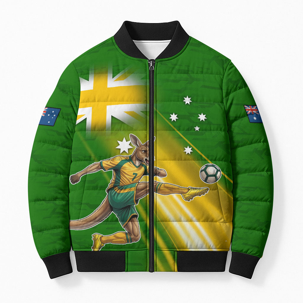 Personalized Australia Soccer Kangaroo Bomber Puffer Jacket Dynamic Kick with Australian Flag Green Gold Sports Graphic