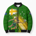 Personalized Australia Soccer Kangaroo Bomber Puffer Jacket Dynamic Kick with Australian Flag Green Gold Sports Graphic