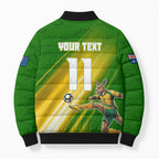Personalized Australia Soccer Kangaroo Bomber Puffer Jacket Dynamic Kick with Australian Flag Green Gold Sports Graphic