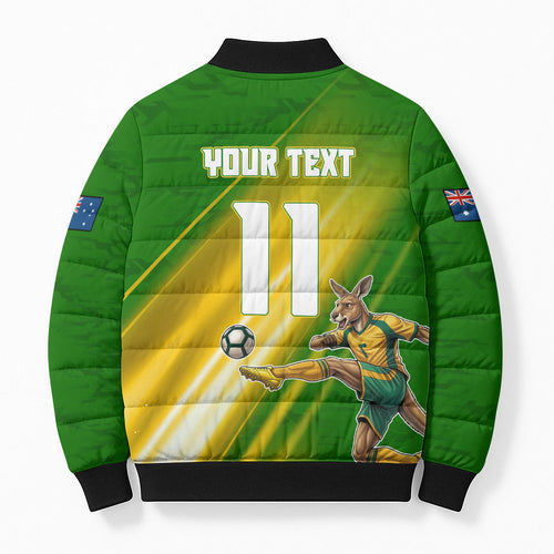 Personalized Australia Soccer Kangaroo Bomber Puffer Jacket Dynamic Kick with Australian Flag Green Gold Sports Graphic