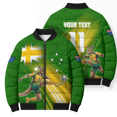 Personalized Australia Soccer Kangaroo Bomber Puffer Jacket Dynamic Kick with Australian Flag Green Gold Sports Graphic