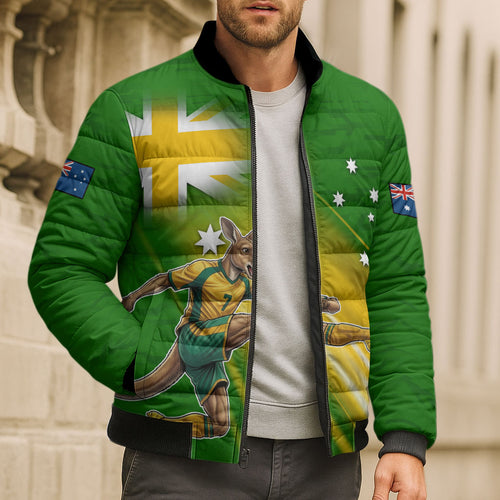 Personalized Australia Soccer Kangaroo Bomber Puffer Jacket Dynamic Kick with Australian Flag Green Gold Sports Graphic