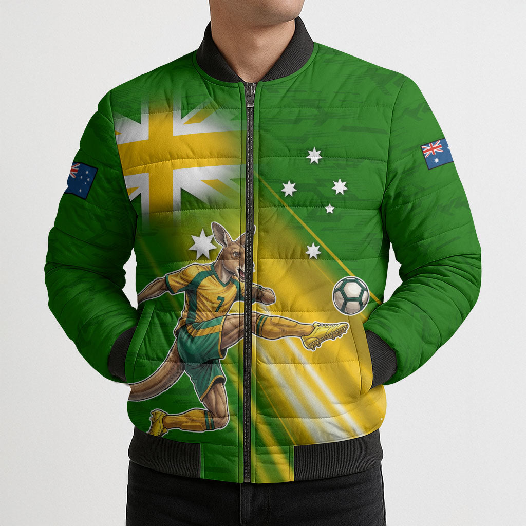 Personalized Australia Soccer Kangaroo Bomber Puffer Jacket Dynamic Kick with Australian Flag Green Gold Sports Graphic