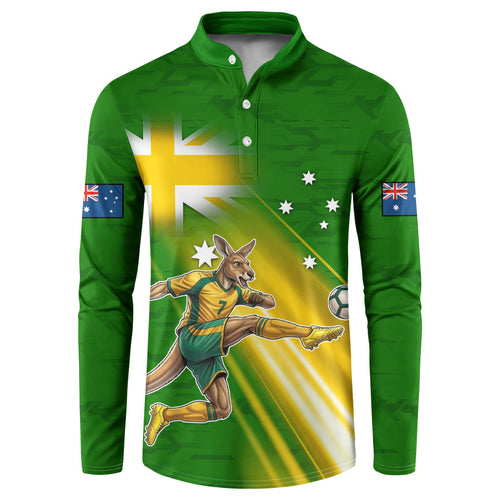 Personalized Australia Soccer Kangaroo Button Sweatshirt Dynamic Kick with Australian Flag Green Gold Sports Graphic