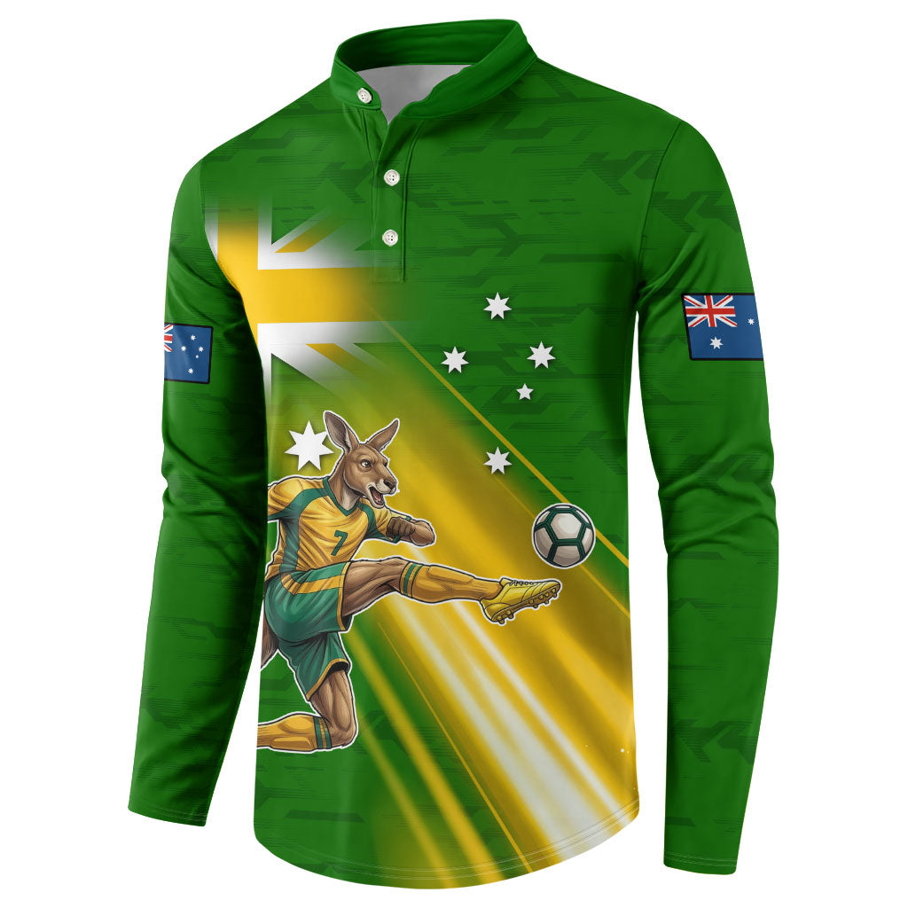 Personalized Australia Soccer Kangaroo Button Sweatshirt Dynamic Kick with Australian Flag Green Gold Sports Graphic