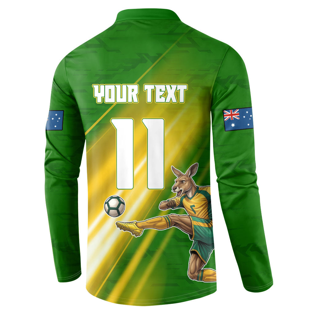 Personalized Australia Soccer Kangaroo Button Sweatshirt Dynamic Kick with Australian Flag Green Gold Sports Graphic