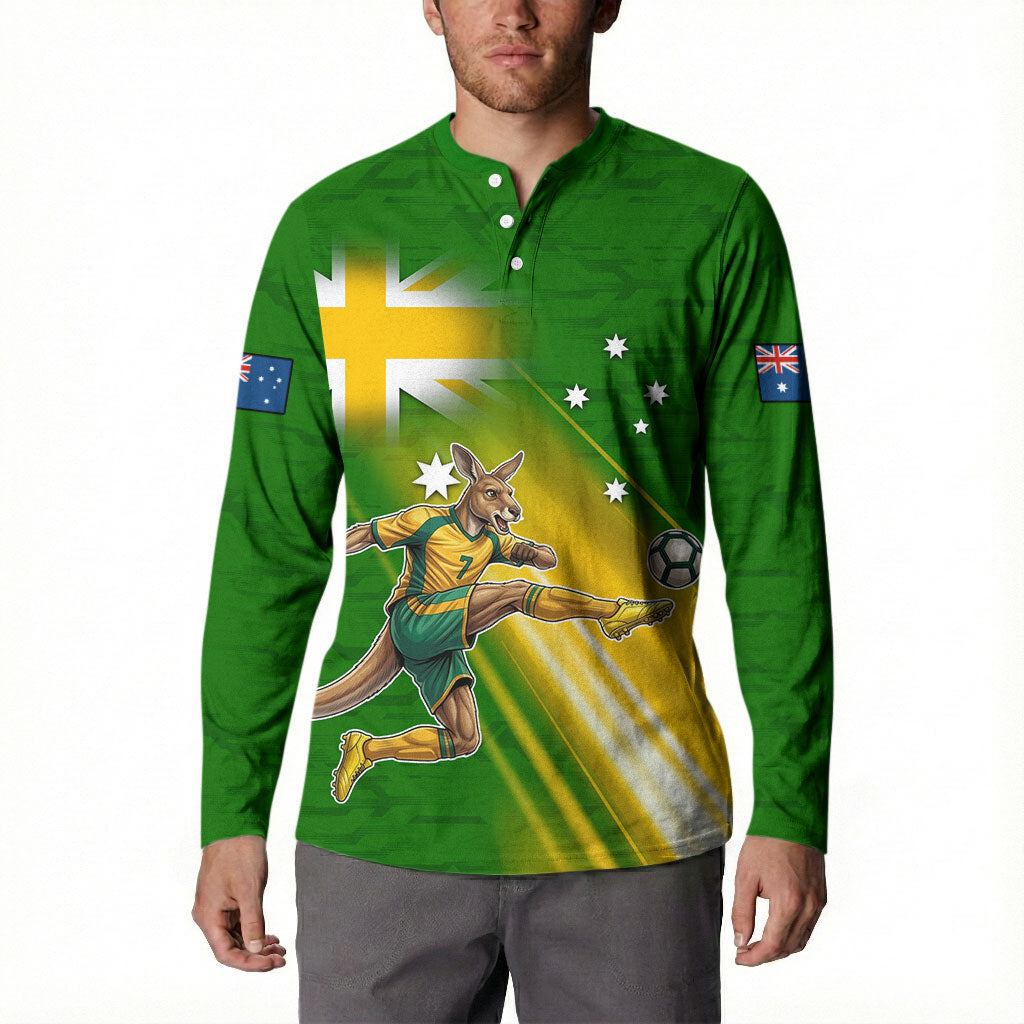 Personalized Australia Soccer Kangaroo Button Sweatshirt Dynamic Kick with Australian Flag Green Gold Sports Graphic