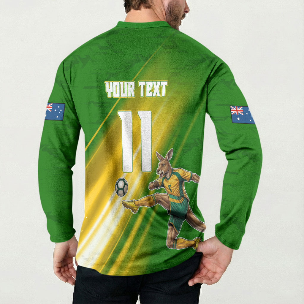 Personalized Australia Soccer Kangaroo Button Sweatshirt Dynamic Kick with Australian Flag Green Gold Sports Graphic