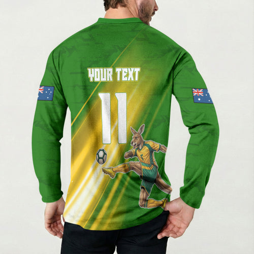 Personalized Australia Soccer Kangaroo Button Sweatshirt Dynamic Kick with Australian Flag Green Gold Sports Graphic
