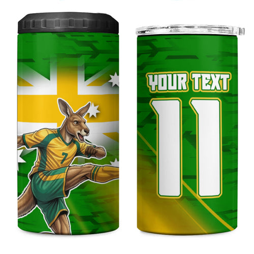 Personalized Australia Soccer Kangaroo 4 in 1 Can Cooler Tumbler Dynamic Kick with Australian Flag Green Gold Sports Graphic