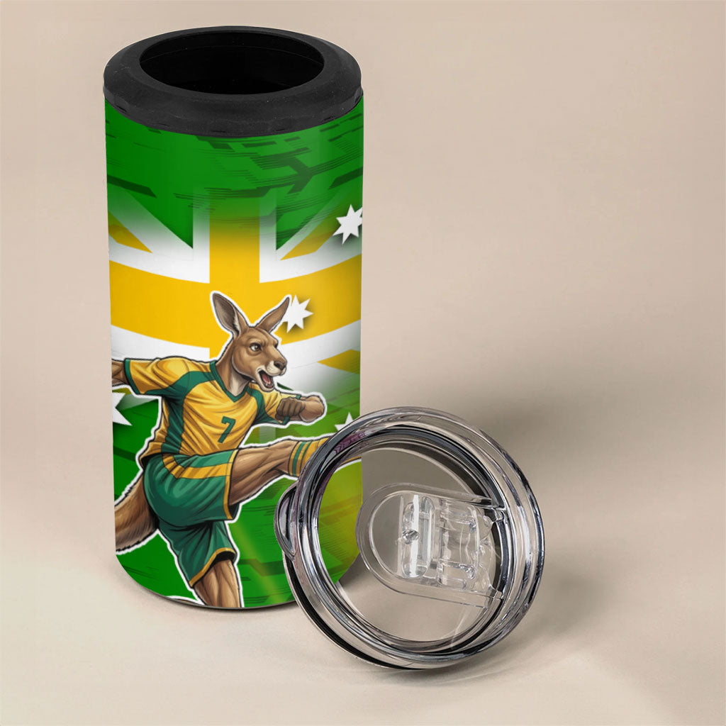 Personalized Australia Soccer Kangaroo 4 in 1 Can Cooler Tumbler Dynamic Kick with Australian Flag Green Gold Sports Graphic