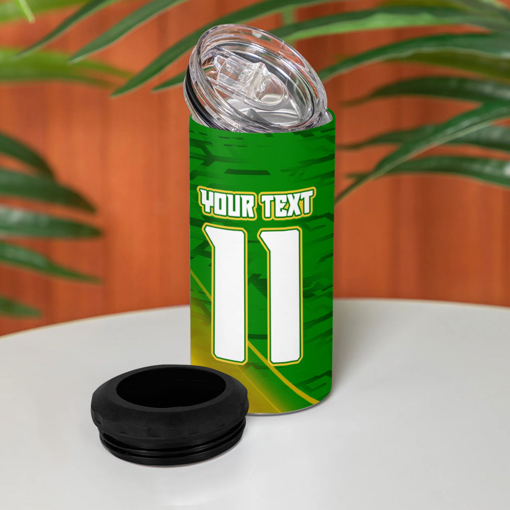 Personalized Australia Soccer Kangaroo 4 in 1 Can Cooler Tumbler Dynamic Kick with Australian Flag Green Gold Sports Graphic