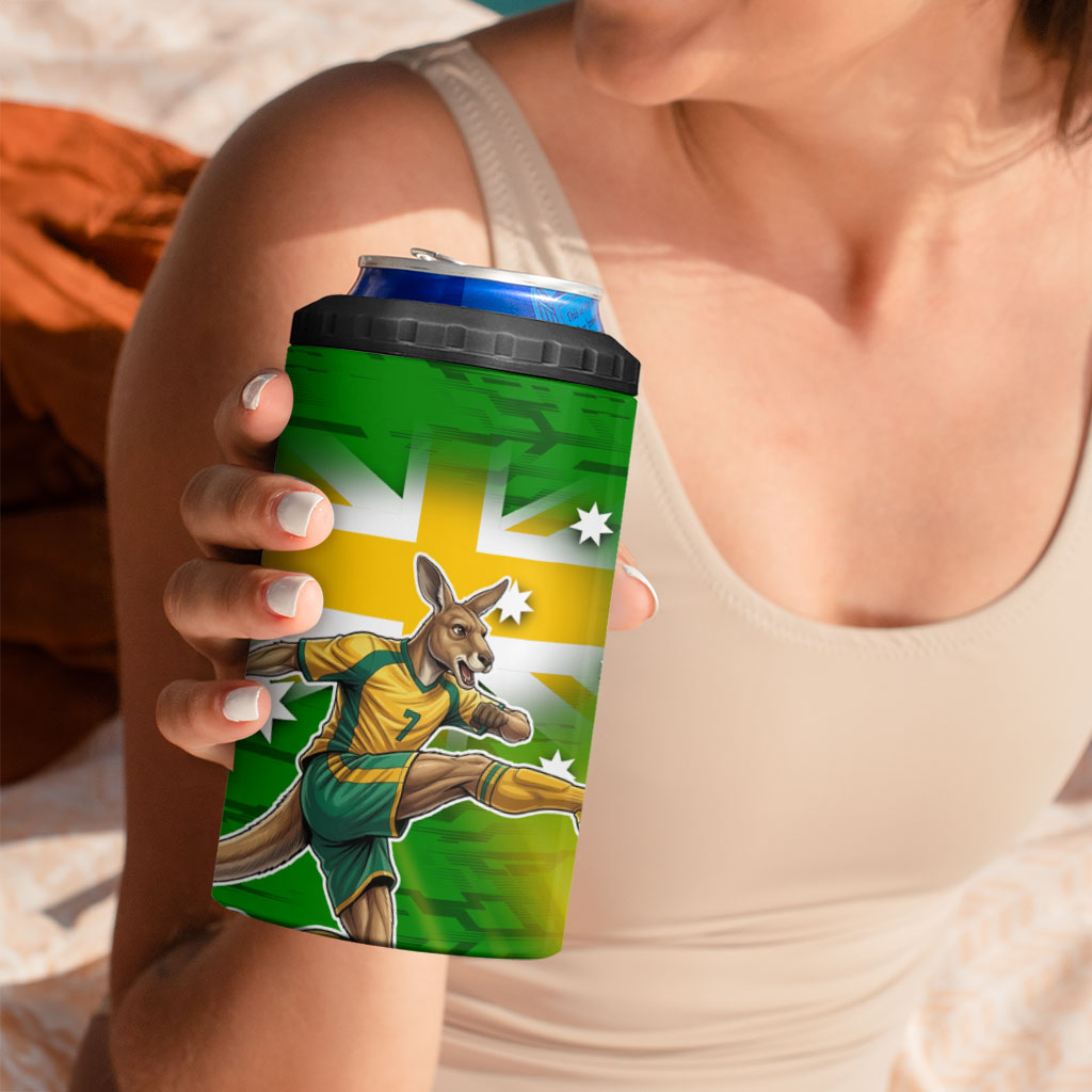 Personalized Australia Soccer Kangaroo 4 in 1 Can Cooler Tumbler Dynamic Kick with Australian Flag Green Gold Sports Graphic