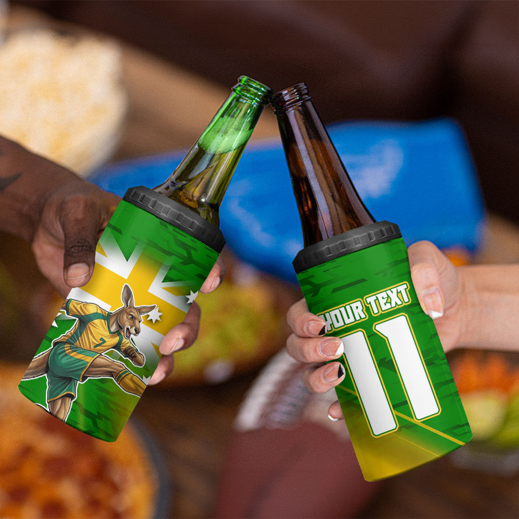 Personalized Australia Soccer Kangaroo 4 in 1 Can Cooler Tumbler Dynamic Kick with Australian Flag Green Gold Sports Graphic