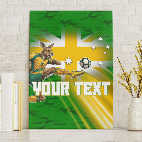 Personalized Australia Soccer Kangaroo Canvas Wall Art Dynamic Kick with Australian Flag Green Gold Sports Graphic