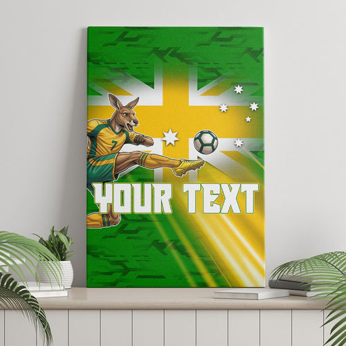 Personalized Australia Soccer Kangaroo Canvas Wall Art Dynamic Kick with Australian Flag Green Gold Sports Graphic
