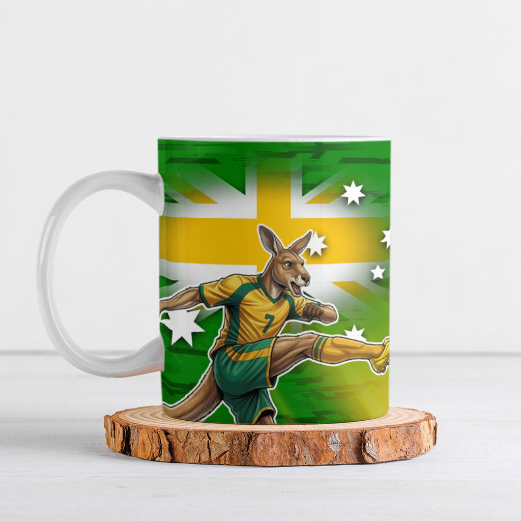 Personalized Australia Soccer Kangaroo Ceramic Mug Dynamic Kick with Australian Flag Green Gold Sports Graphic