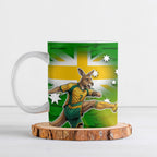 Personalized Australia Soccer Kangaroo Ceramic Mug Dynamic Kick with Australian Flag Green Gold Sports Graphic