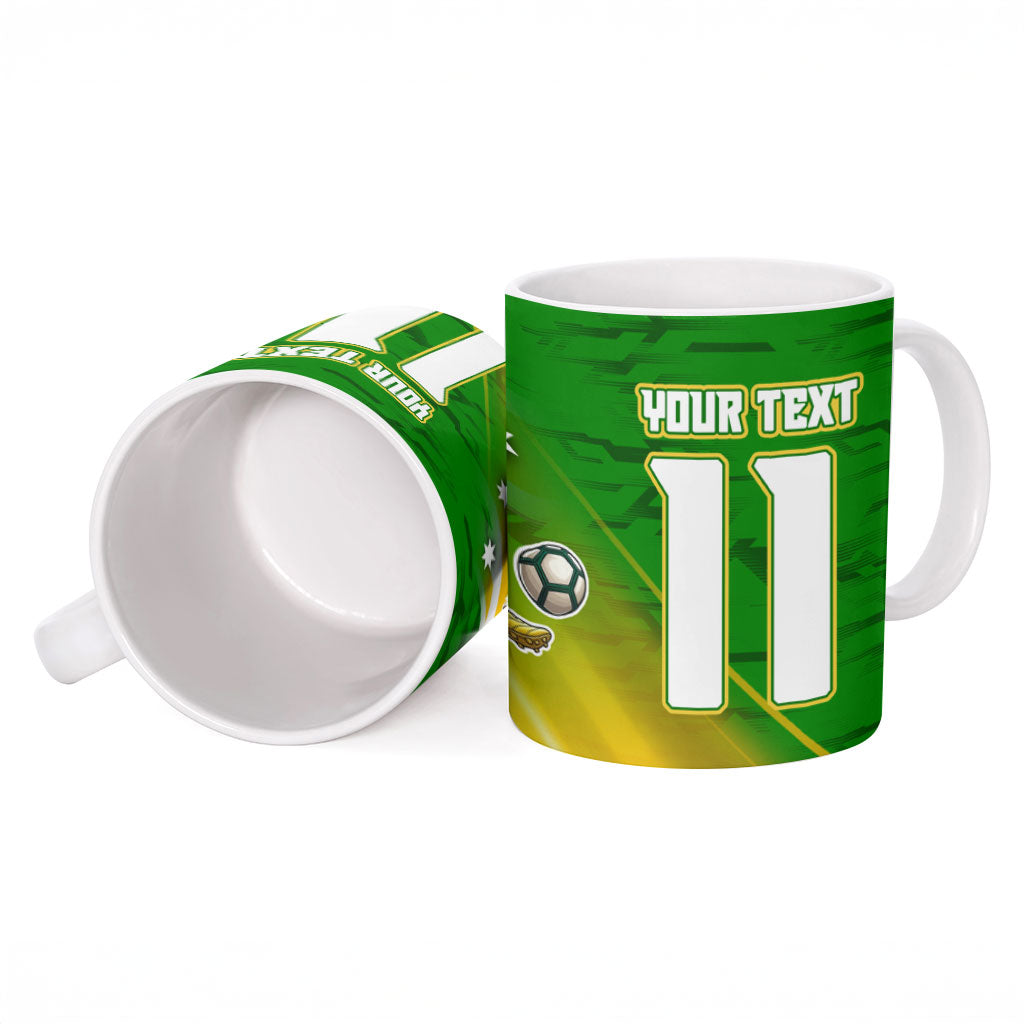 Personalized Australia Soccer Kangaroo Ceramic Mug Dynamic Kick with Australian Flag Green Gold Sports Graphic